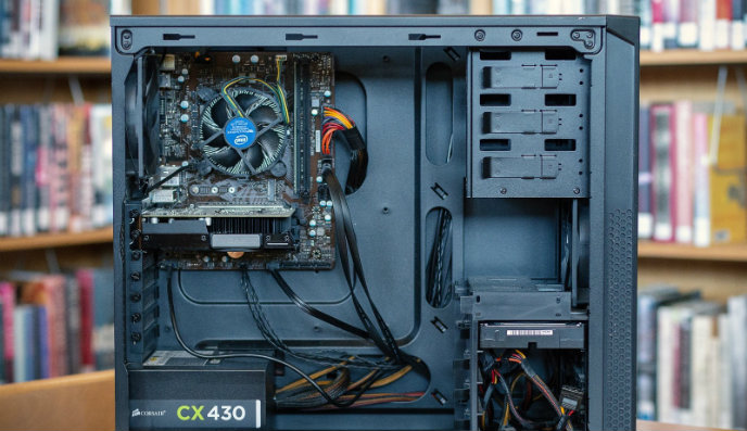 Desktop PC with a side open exposing its components